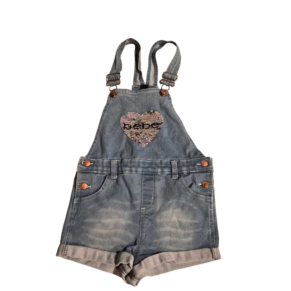 Bebe Girls Denim Shortalls Medium Wash Sequin Heart Logo Size 6X BCYS-43636